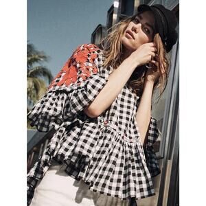 Anthropologie Pankaj & Nidhi Peplum Top Gingham Embroidered Black & White Small